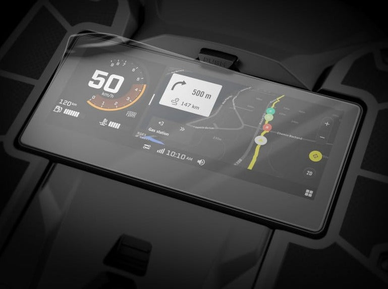 Clear Can-Am Maverick R touchscreen protector installed on UTV display, offering scratch-resistant and anti-glare protection for off-road adventures.